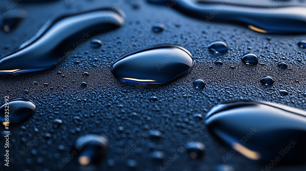 Poster High resolution image of various water droplets on a smooth dark surface creating an abstract pattern : Generative AI