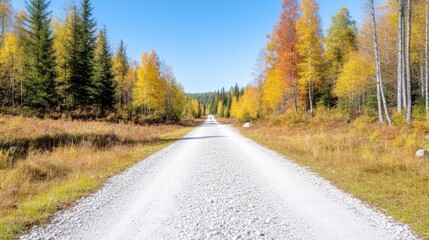 Fototapeta premium A gravel road stretches into a forest displaying vibrant autumn foliage. Trees in yellows, oranges, and greens line the road. The image is high-resolution, showcasing detail in the leaves and road te