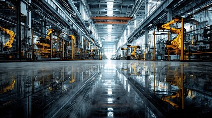 Futuristic Industrial Warehouse with Robotic Technology and Reflections