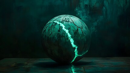Glowing cracked sphere on dark surface, teal background