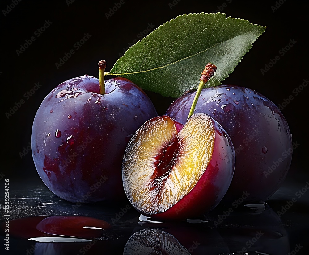 Poster glistening plums with drops of water and a slice placed artistically against a black backdrop : gene