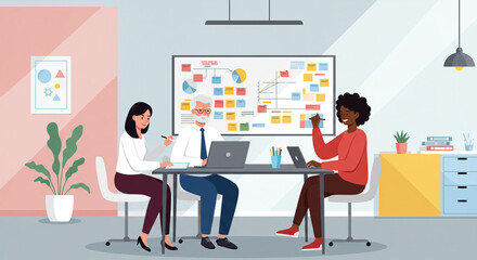 A flat design of a business team brainstorming in an office 