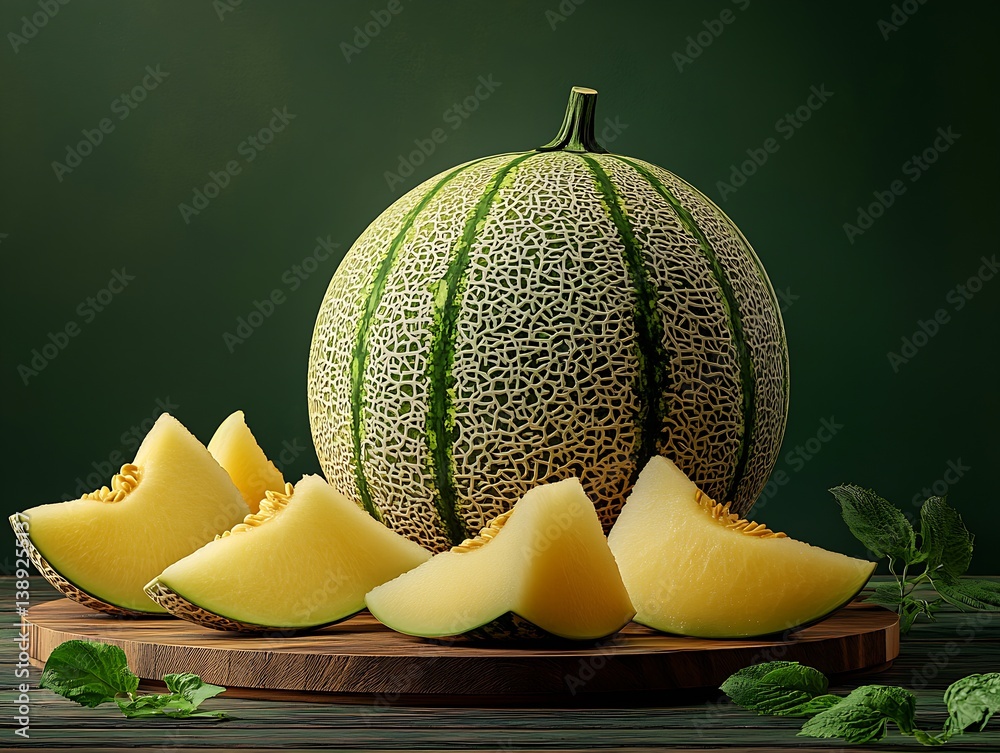 Poster sliced cantaloupe pieces arranged around whole melon on wooden table with greenery : generative ai