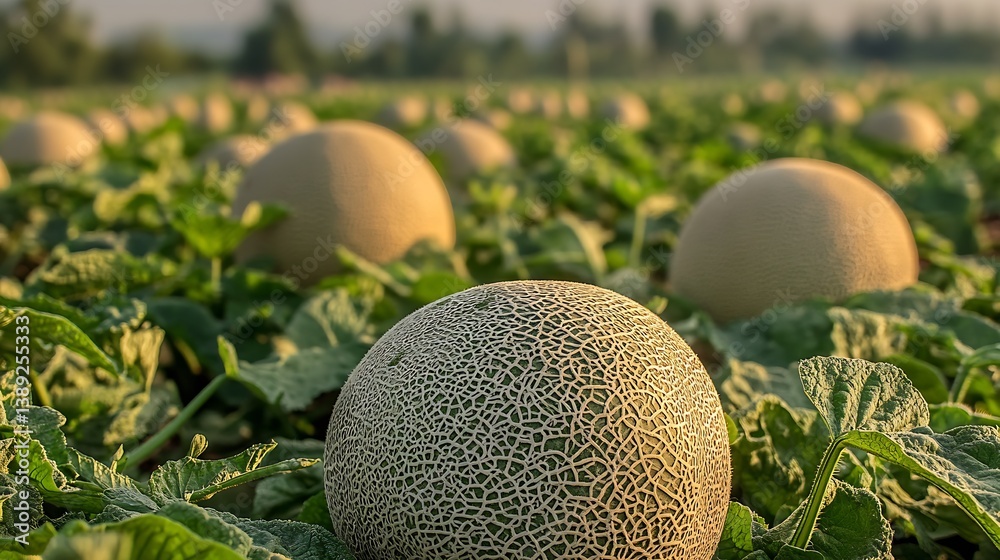 Poster close-up of round melons in a green field with sunlight enhancing the natural scene : generative ai