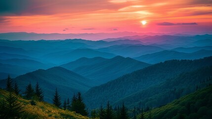 Stunning smoky mountain sunset with vibrant colors over rolling hills and misty atmosphere