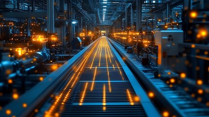 Dynamic industrial scene showcasing a vibrant conveyor belt illuminated by glowing orange lights in a modern factory : Generative AI