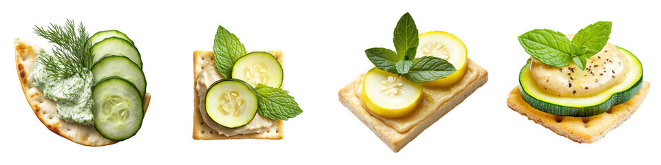 Four healthy cracker appetizers with dips and cucumber.