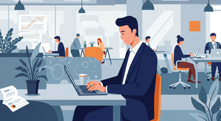 A flat design of businessman working on a laptop at a coworking space 