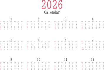 日曜だけ色付きのシンプルな2026年の年間カレンダーの素材