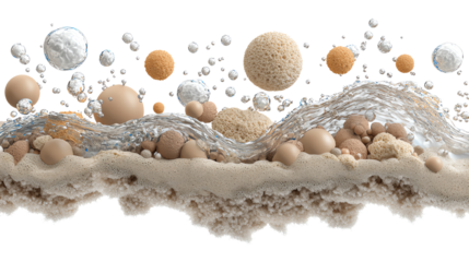 A detailed illustration of microscopic particles in motion, showcasing their unique shapes and interactions.