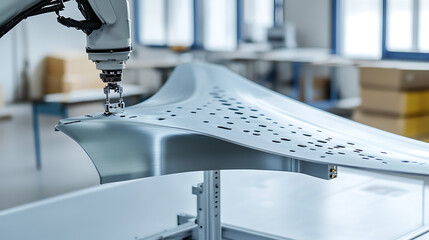 A robotic arm fabricating a lightweight airplane wing, in an aerospace engineering workshop with automated 3D printing, Aerospace innovation style