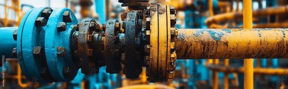 Aufkleber Detailed view of a rusty pipe joint showcasing colorful flanges in an industrial environment : Generative AI