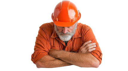 A reflective construction worker in an orange hard hat, arms crossed, appearing thoughtful against a white isolate background.