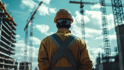 Confident construction worker in safety gear, standing on a building site. Shot with a 50mm lens for a soft background and clear focus on the subject.