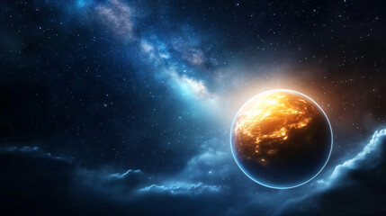 Obraz premium glowing planet with fiery surface floats in vastness of space, surrounded by stars and cosmic clouds, creating mesmerizing celestial scene