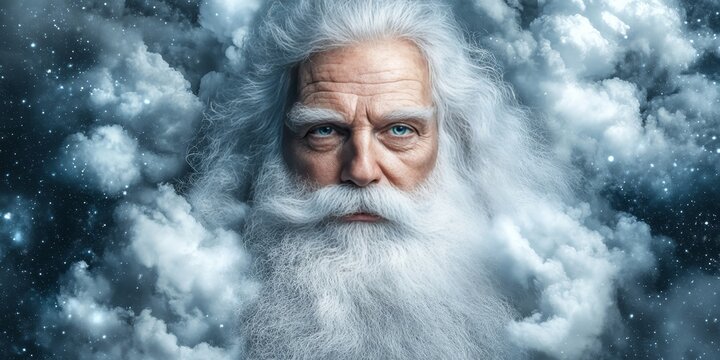 Majestic Old Man with Flowing Beard Portrait of Mythology God, Deity in Clouds, Fantasy Concept.