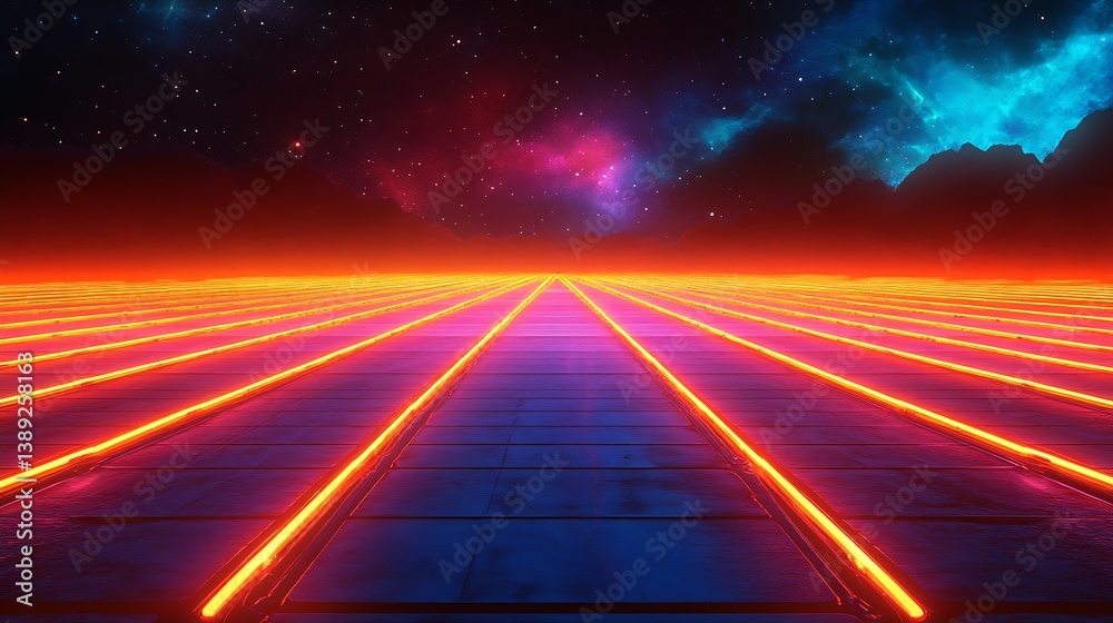 Aufkleber vivid neon landscape with luminous lines across a dark cosmic background : generative ai