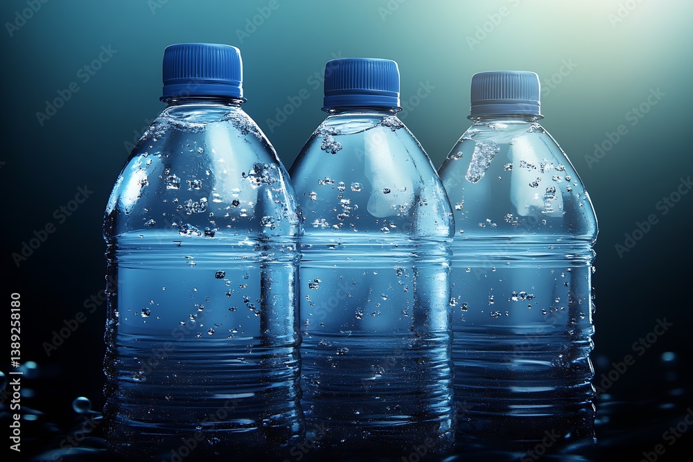 Poster three water bottles captured in stunning detail with sparkling droplets and a calming blue hue : gen