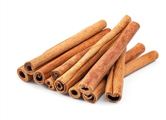 A realistic stock photo of cinnamon sticks on a white background, high-resolution photography, high quality. 
