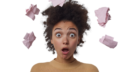 A surprised woman with curly hair, expressing shock as crumpled papers surround her.