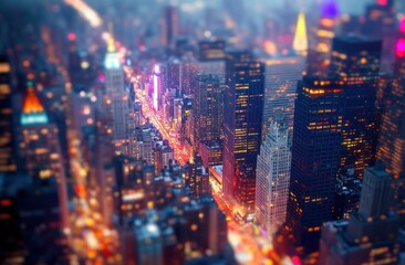 Aerial photograph showing the many illuminated buildings in a city