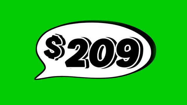 209 dollars price tag animation motion graphics in speech bubble on green screen background for wholesale or black Friday event business concept video element