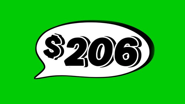 206 dollars price tag animation motion graphics in speech bubble on green screen background for wholesale or black Friday event business concept video element
