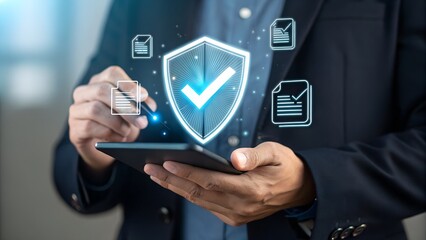 Businessman checking steps through document with a list of checkboxes ,regulation ,practices and policies ,Terms and conditions ,Examination of ethical rules ,Evaluate quality and efficiency