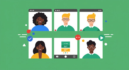A flat design of team of diverse professionals having a video conference