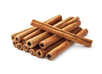 A realistic stock photo of cinnamon sticks on a white background, high-resolution photography, high quality. 