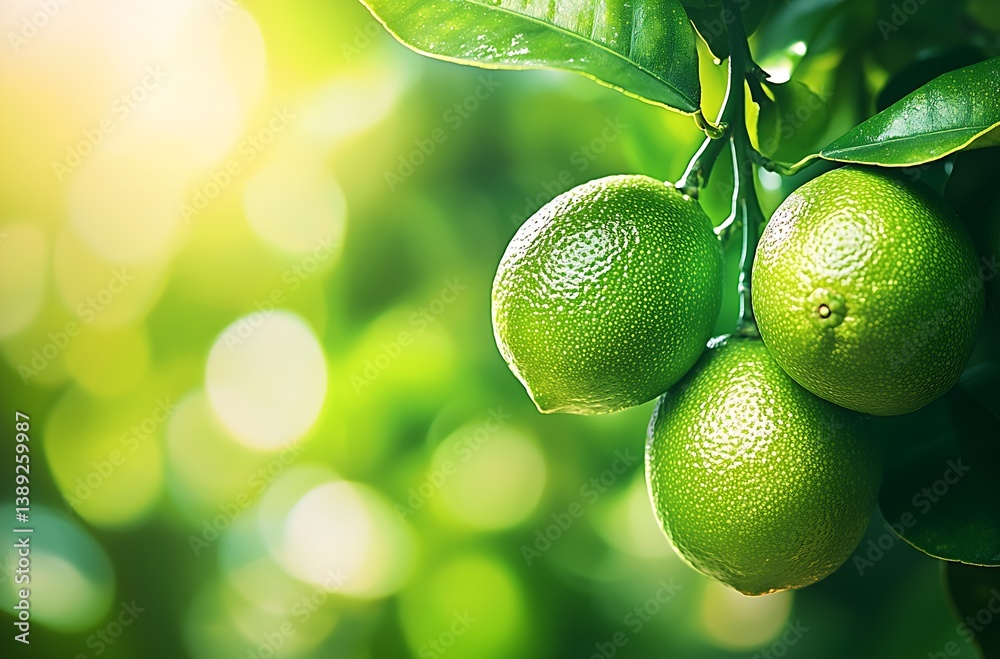 Aufkleber Close-up of vibrant green limes on a branch with soft sunlight filters creating a dreamy atmosphere : Generative AI