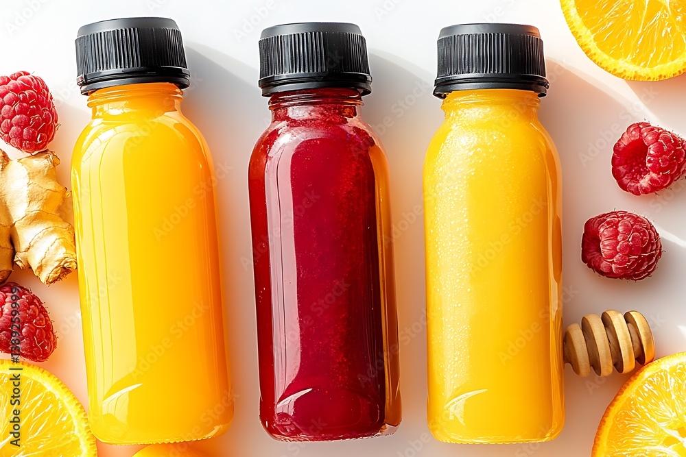 Poster three bottles of juices displayed with garnishes of fresh fruit and honey : generative ai