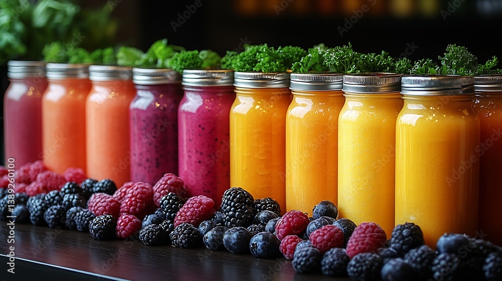 Poster assorted fruit smoothies in glass containers with fresh berries and green ingredients on display : g