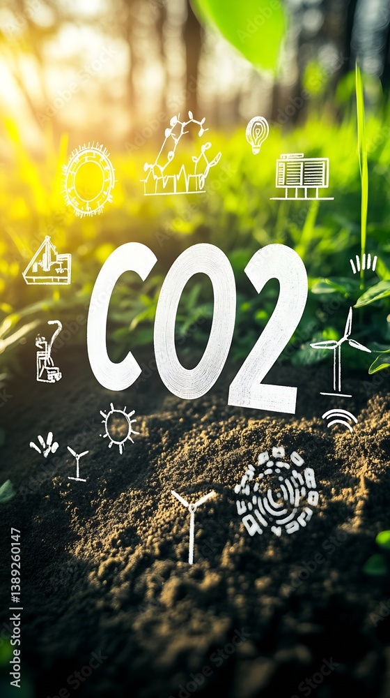 Poster Dynamic depiction of CO2 with symbols of technology and nature showing environmental commitment in a lively scene : Generative AI