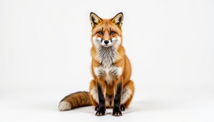 Obraz premium The red fox is depicted sitting with its attentive gaze fixed directly on the camera against a clean white studio background