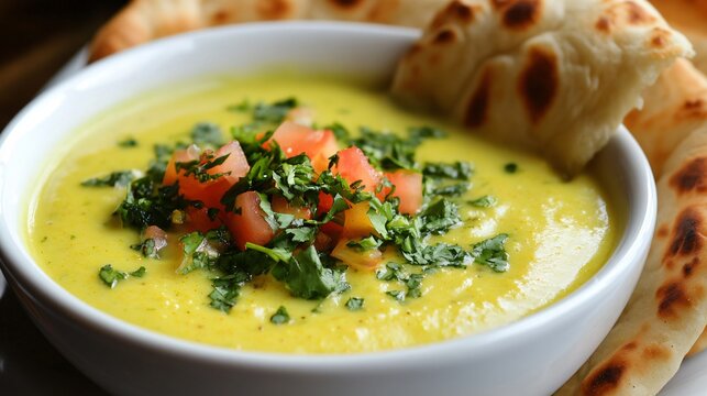 Indian-style gazpacho with a turmeric and cumin twist, garnished with coriander and served with naan