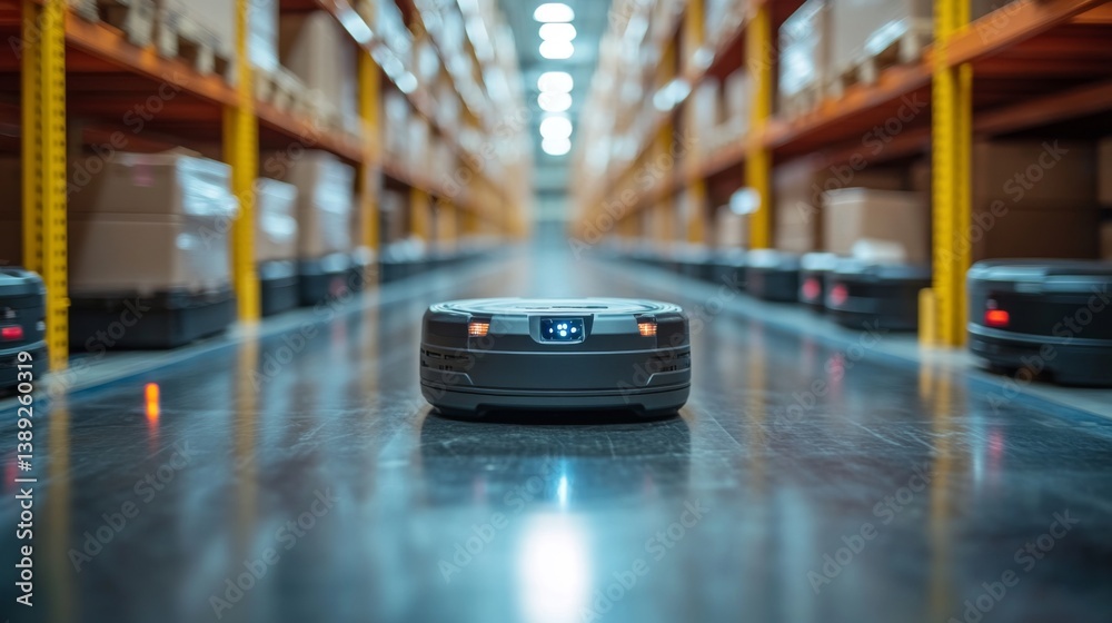 Poster Autonomous robots maneuver through aisles in a modern logistics center, efficiently transporting packages in a well organized warehouse environment.