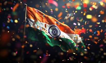 The Indian national flag waving against a sky surrounded by colorful confetti.