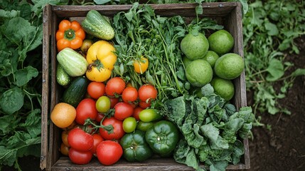 Rustic farm-to-table freshly picked vegetables still covered in morning dew