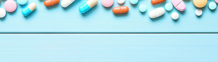 Colorful pills and capsules scattered on blue wooden surface create vibrant and lively scene