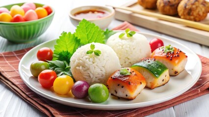 Tilt-Shift Delicious Grilled Chicken & Mochi Dessert: Appetizing Japanese-Fusion Meal