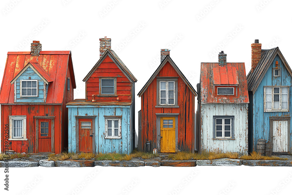 Poster colorful row of charming, rustic houses with varied textures and styles.