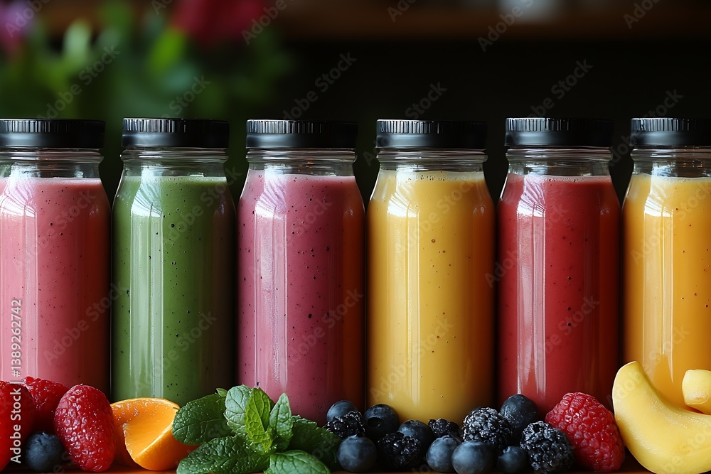 Poster a beautiful arrangement of colorful smoothie bottles reflecting fresh fruits and vibrant colors : ge
