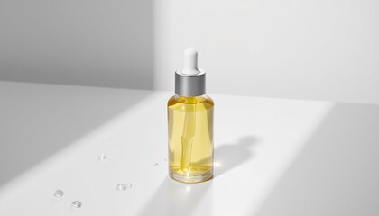 Essential Oil Bottle With Dropper On White Background Minimalist Style