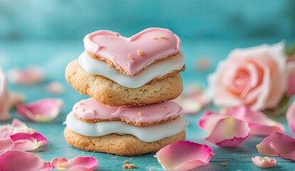Stacked heart-shaped cookies, topped with pink icing, on a teal background with rose petals
