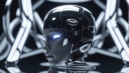 Robotic Female Profile With Glowing Eyes And Metallic Abstract Background Design