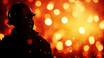 construction worker wearing helmet stands silhouetted against backdrop of glowing sparks, evoking sense of determination