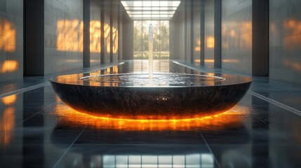 Illuminated fountain, tranquil lobby, sunrise, serenity, architecture