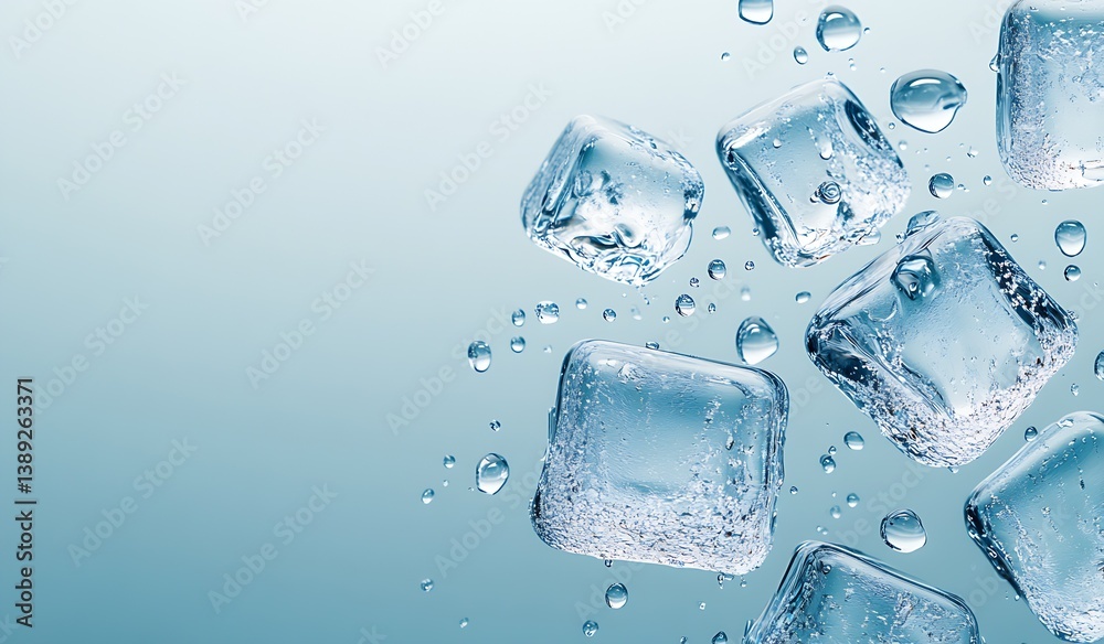 Poster Dynamic Ice Cubes in Motion with Water Bubbles on a Soft Blue Background for a Refreshing Effect : Generative AI