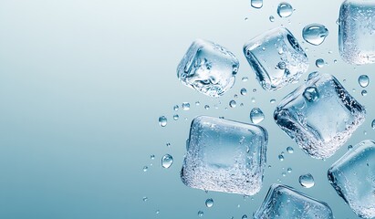 Dynamic Ice Cubes in Motion with Water Bubbles on a Soft Blue Background for a Refreshing Effect : Generative AI